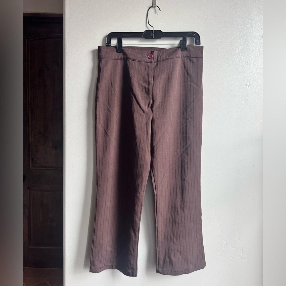 Vintage Pinstripe Brown Flare Trousers M | Scandi Chic Quiet Luxury Y2K - Picture 1 of 4